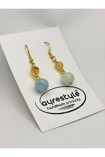 ayrestyle Natural Stone Dangle Women's Earrings – Aquamarine & Citrine – Gold Hook 4.5 cm