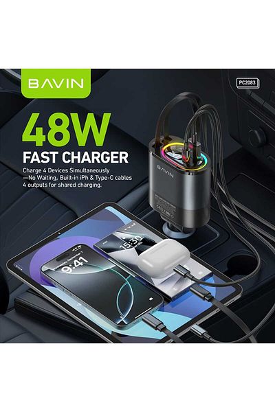 Bavin PC2083 48W 4-in-1 Fast Car Charger with Built-in Retractable 90cm Type-C and iPhone Cables