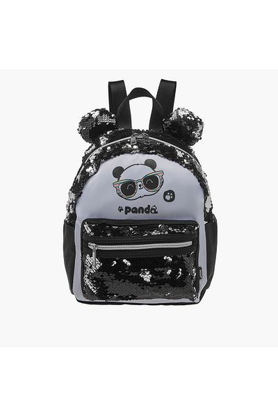 Icon Panda Print Sequinned Backpack with Adjustable Straps - 27x23x11 cms