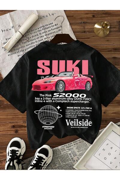 SVART WEAR تي شيرت مطبوع عليه سيارة مقاس كبير باللون الأسود