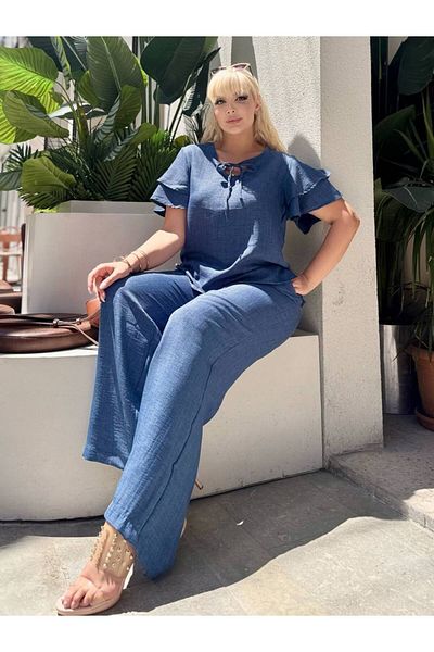 MODA Women's Plus Size Lace-Up Drop Collar Flywheel Sleeve Detailed Sofia Linen Suit