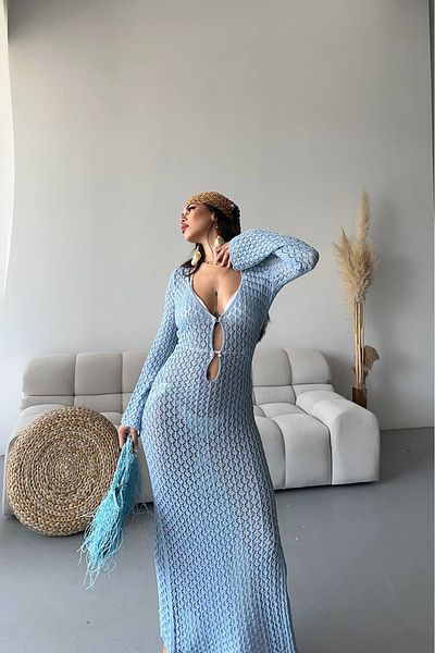 Neşeli Butik tricotaj maxi albastru pentru femei pareo NBMYLK28