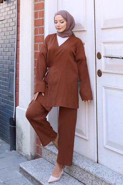 MİSSKAYLE Σετ κιμονό με λεπτομέρεια δεμένη καφέ