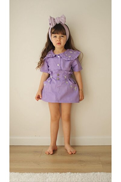 Morbellabutikaksesuar Kız Çocuk Mor Etekli Takım – Çiçek Nakışlı Gömlek Yaka