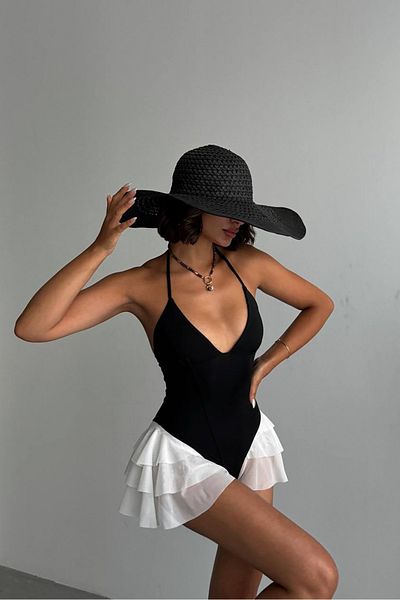 Neşeli Butik Women's Black Tulle Detailed Design Swimsuit Nbdf073