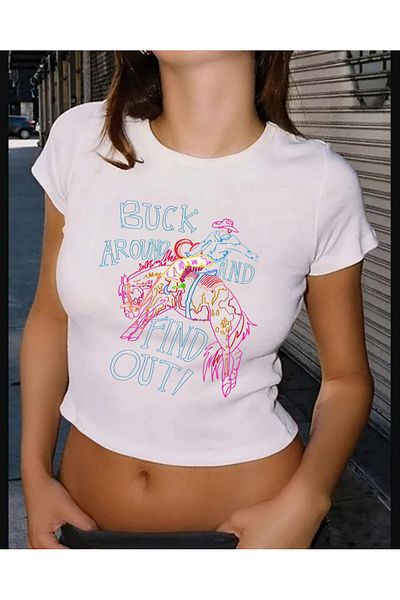 MAYDAY CULTURE White Baby Tee Top Waist Boy Crop T-Shirt Lycra Dtf Printed