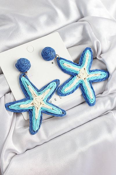 Clariss Brass Blue Starfish Model Gold Color Women's Straw Earrings