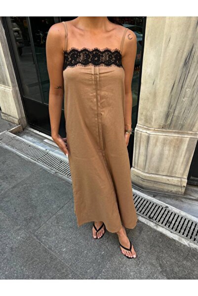 Friday Mood Kadın Kahverengi Dantel Detaylı Askılı Elbise