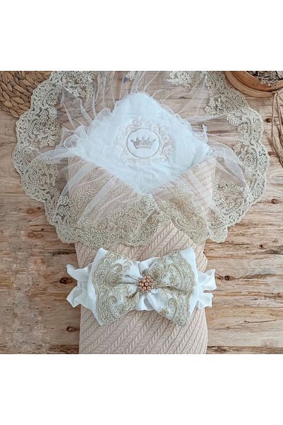Skygo Knitted Tericotton Crown Embroidered Pearl Guipure Double Bow Daisy Guipure Trilux Swaddle Baby Blanket