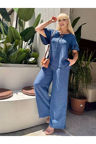 MODA Women's Plus Size Lace-Up Drop Collar Flywheel Sleeve Detailed Sofia Linen Suit
