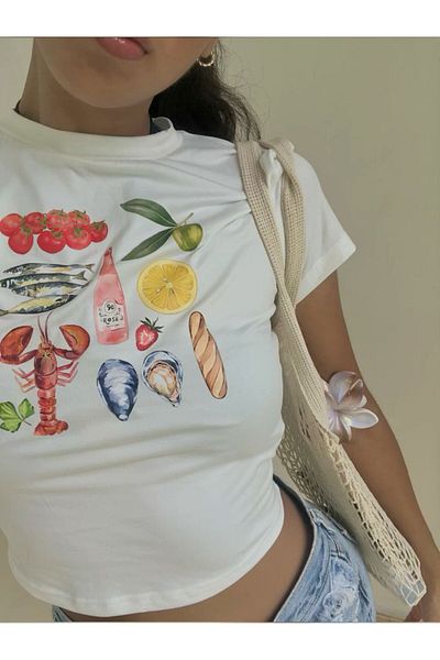 MAYDAY CULTURE White Baby Tee Top Waist Boy Crop T-Shirt Lycra Dtf Printed