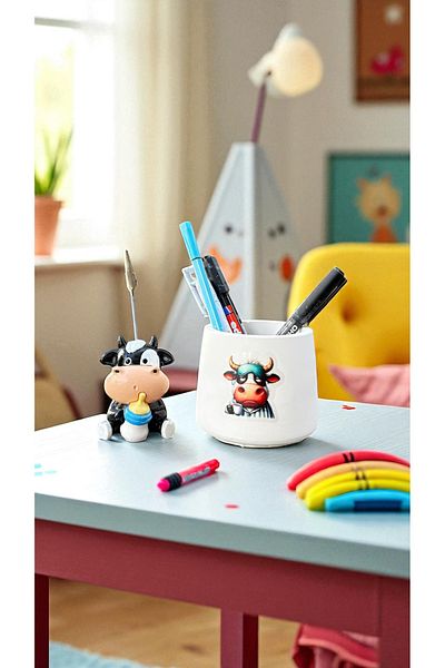 Perazayn Decorative Cute Cow Printed Pen Holder and Baby Bottle Cow Notepad Set