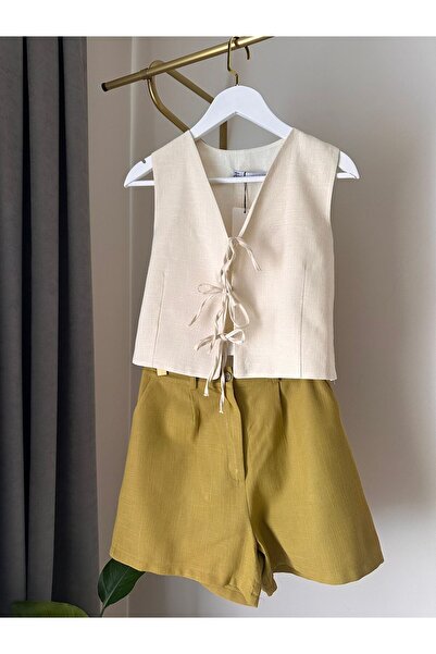 Store Keten Şort Yağ Yeşili