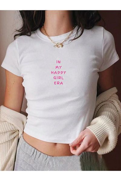 MAYDAY CULTURE White Baby Tee Top Waist Boy Crop T-Shirt Lycra Dtf Printed