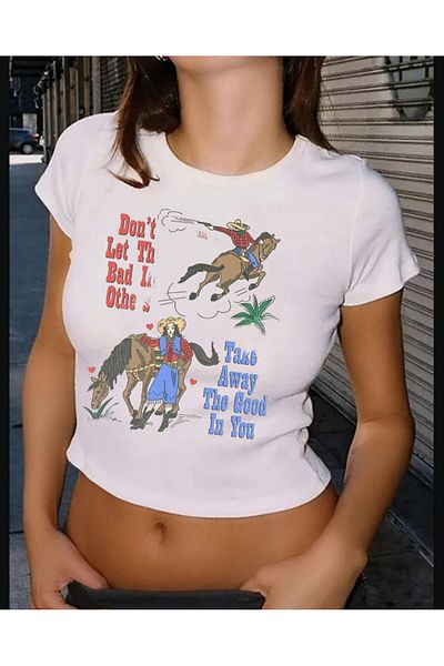 MAYDAY CULTURE White Baby Tee Top Waist Boy Crop T-Shirt Lycra Dtf Printed