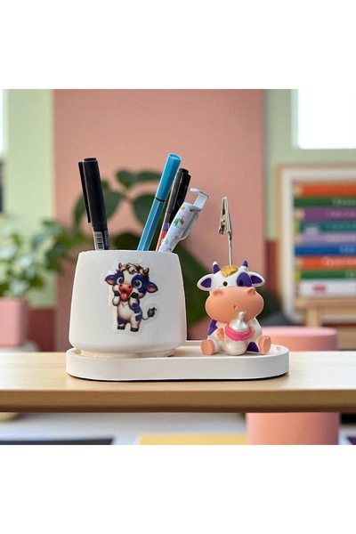 Perazayn Dekoratif Sevimli İnek Baskılı Kalemlik ve Biberon İnek Notluk Seti