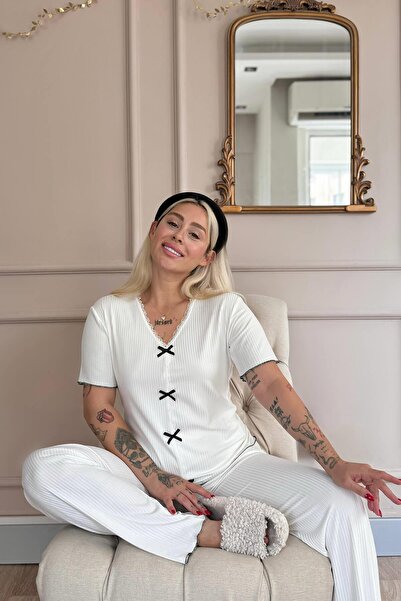 Pijamaevi White Delicato Knitted Short Sleeve Women's Pajama Set