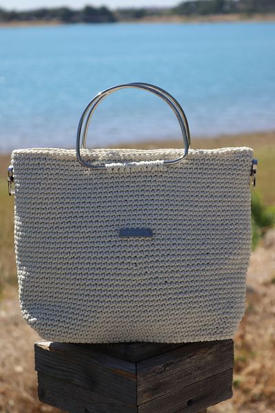 Bejon Cream Knitted Bag - Metal Handle - Macrome String - Hand Knitted