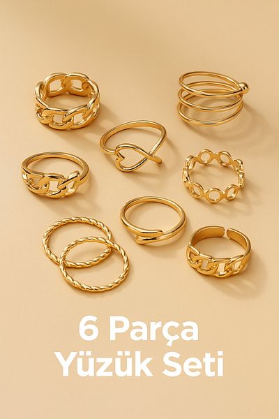 Store Trend 6 Piece Gold Color Steel Ring Set – Stylish and Modern Design