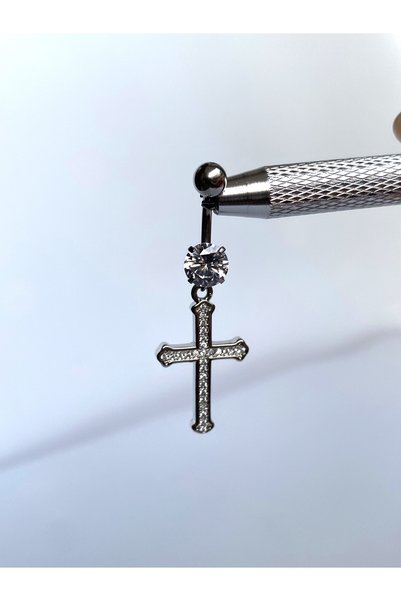 kurukafagift Çelik Haç Göbek Piercing Taşlı Model Gümüş Renk