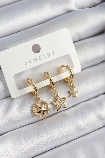 Avantaj Kapıda ®   Brass Zircon Stone Star Model Gold Color 3-Piece Double Women's Earring Set