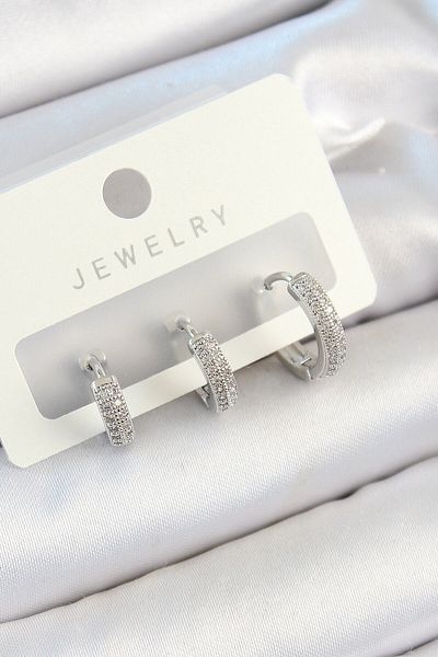 Avantaj Kapıda ®   Brass Zircon Stone Hoop Model Silver Color 3-Piece Double Women's Earring Set
