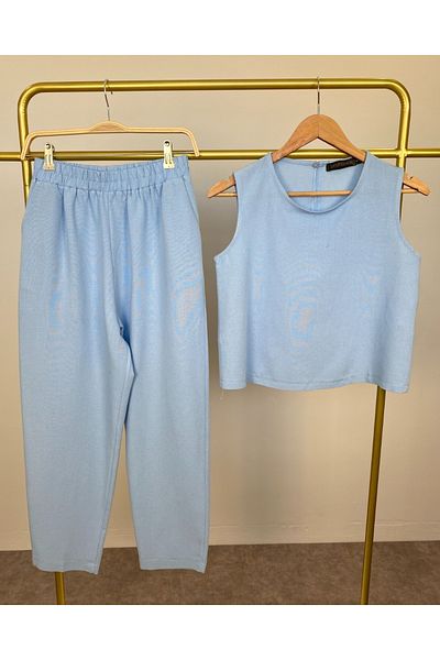 DEQ FASHION Women's Blue Zero Sleeve Blouse Elastic Waist Pants Linen Bottom Top Set