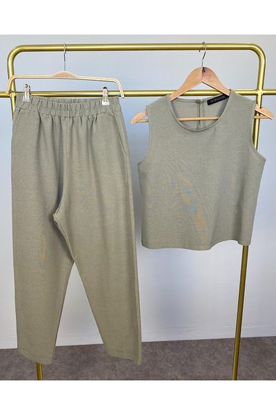 DEQ FASHION Women's Khaki Green Zero Sleeve Blouse Elastic Waist Pants Linen Bottom Top Set