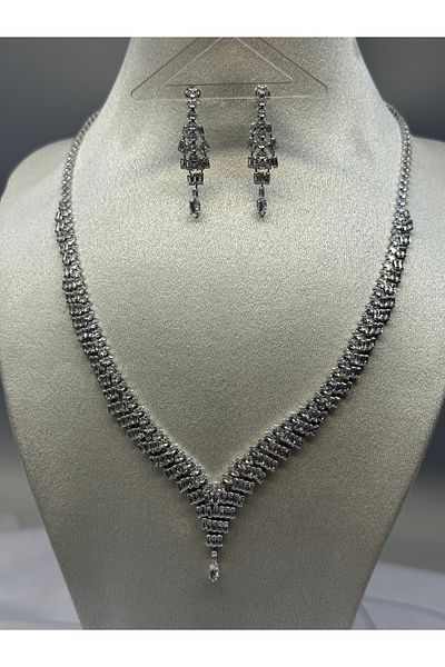 HADRA ACCESSORİES High Quality Waterway Gradual Zircon Evening Dress Necklace Earring Set Bridal Jewelry Set Engagement Set Wedding Set
