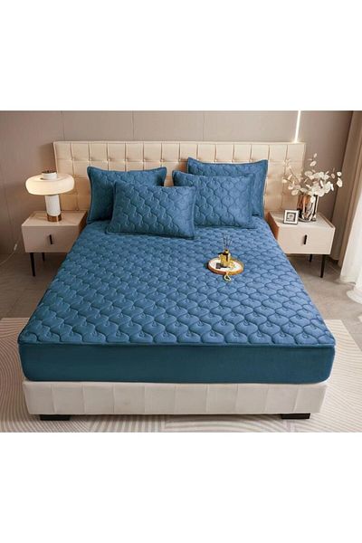 OEM Husa de pat si 2 fete de perna, Catifea, Topper Matlasat, 180x200cm, Bleumarin