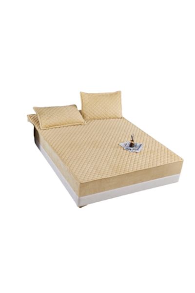 OEM Husa de pat si 2 fete de perna, Catifea, Topper Matlasat, 160x200cm, Bej