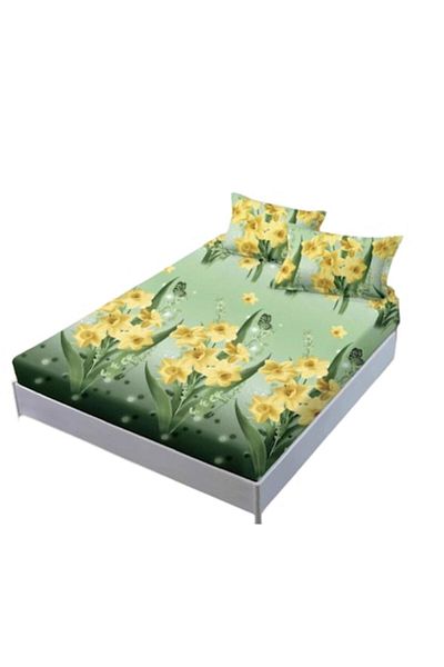 OEM Husa de pat si fete de perna, Finet, 3 piese, 1 persoana, imprimeu Narcise, 140x200cm, Multicolor