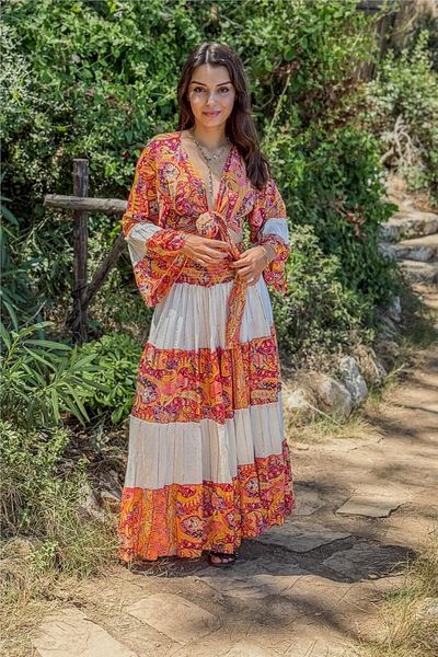 Miss Boheme Pink Color Patterned Silk Skirt Blouse Set