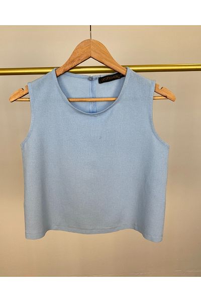 DEQ FASHION Women's Blue Zero Sleeve Blouse Elastic Waist Pants Linen Bottom Top Set