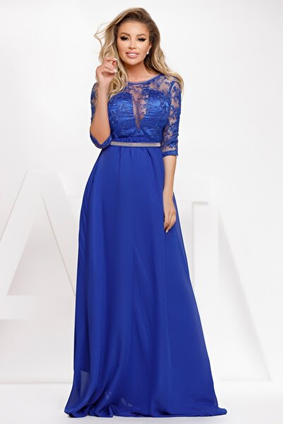 Atmosphere Fashion Long blue dress with lace at the bust