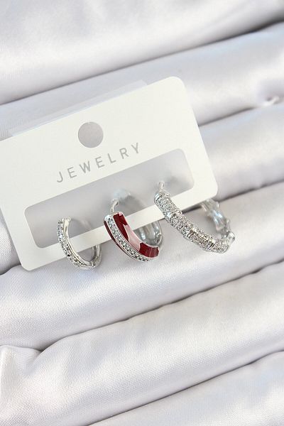Avantaj Kapıda ®   Brass Zircon Stone Burgundy Pink Ring Model Silver Color 3-Piece Double Women's Earring Set