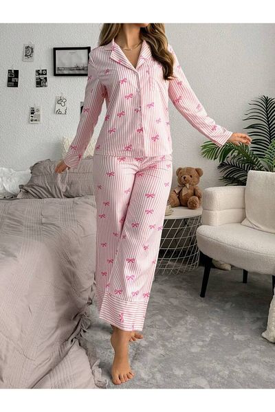 BLACK Women's Pajama Set Long Sleeve Buttoned Striped Bow – Comfortable Model