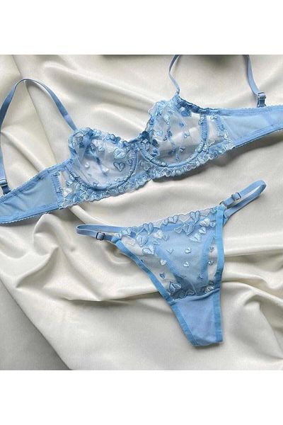 HappyZEY Blue Heart Broderie Bralet Bra & Tanga Lingerie Set