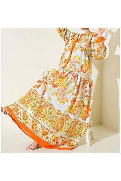 Duruvia boutique Tesettür Düğme Detaylı Çiçekli Mavili Turunculu Elbise