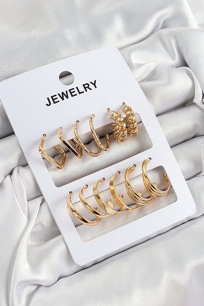 Avantaj Kapıda ®   Brass Mixed Ring Model Gold Color 6 Pairs Women's Earring Set