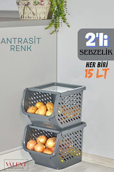 VALENT 2'li Patates & Soğanlık, Kapaklı Katlı Sebzelik, Oyuncak Sepeti, Banyo Büyük Düzenleyici Antrasit