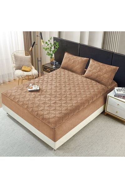 OEM Mattress cover and 2 pillowcases, Quilted Topper, Velvet, 160x200cm, Beige