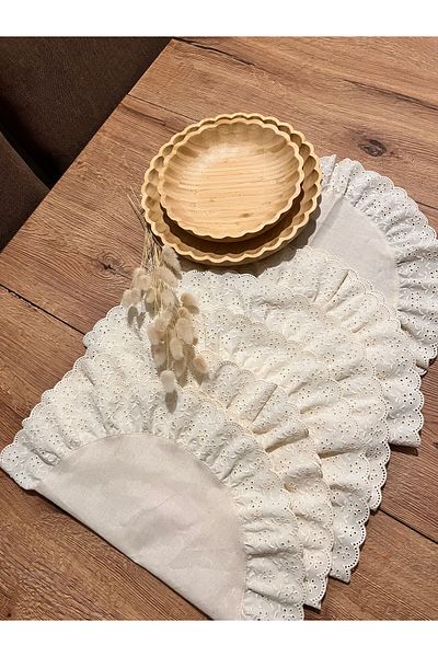 NURGİTA HOME Φυσικό Ακατέργαστο Λινό Σετ Σουπλά Αμερικάνικης Βολάν 6 τεμαχίων