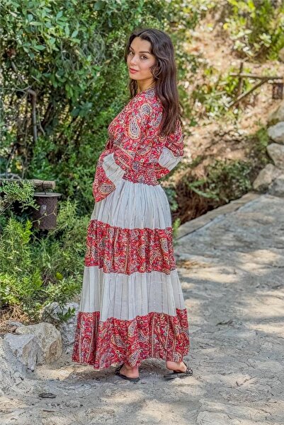 Miss Boheme Red Color Patterned Silk Skirt Blouse Set