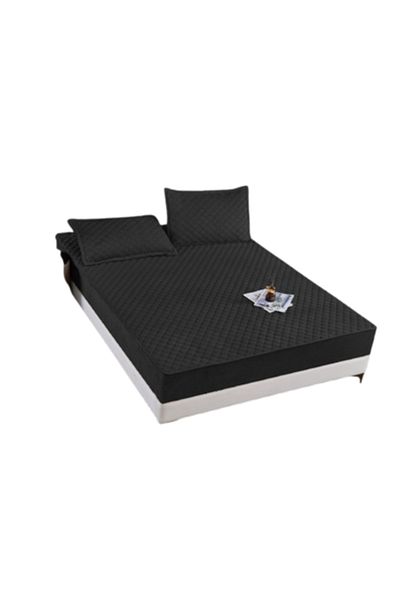 OEM Bed Cover and 2 Pillowcases, Velvet, Quilted Topper, 160x200cm, Black