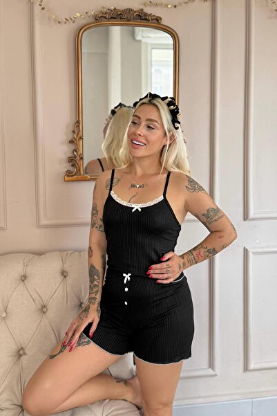Pijamaevi Black Chic Comfort Lace Knitted Strap Shorts Women's Pajama Set