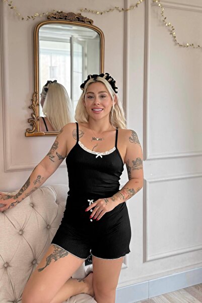 Pijamaevi Black Chic Comfort Lace Knitted Strap Shorts Women's Pajama Set