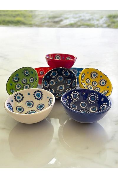 Artistic Quality Decorative Evil Eye Bead Embroidered Tile Ceramic Sauce Bowl - Snack Bowl - Breakfast Bowl 8 Pieces