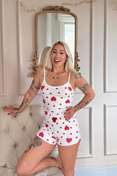 Pijamaevi Kırmızı Amour Desenli Örme Askılı Şortlu Kadın Pijama Takımı