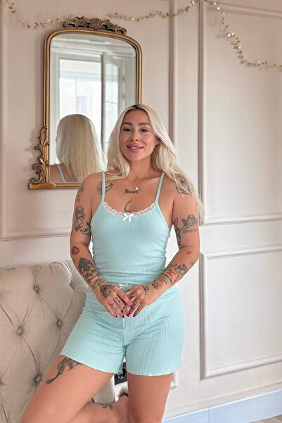 Pijamaevi Mint Chic Comfort Lace Knitted Suspender Shorts Women's Pajama Set